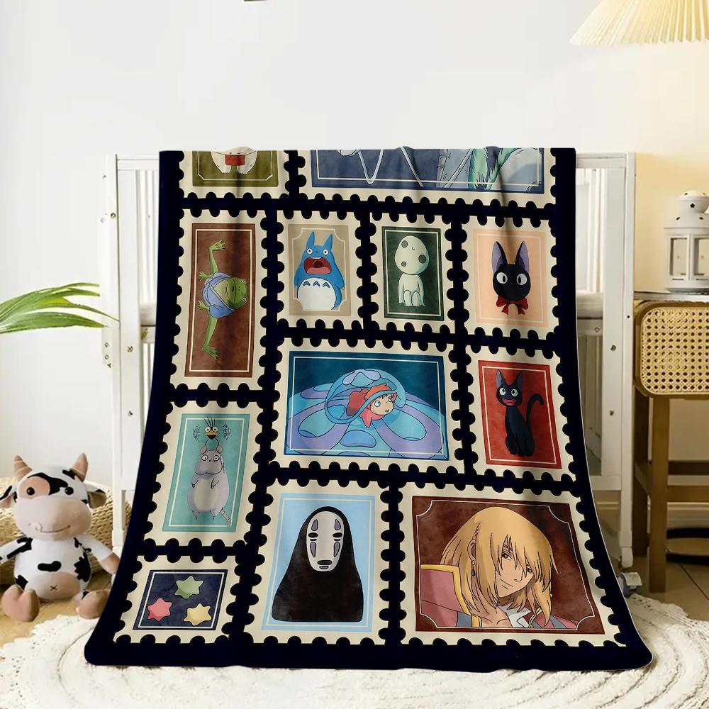Retro Ghibli Blanket Soot Sprites Flannel Blanket Ghibli All Characters Stamp Blanket Mononoke Soft Warm Throw For Gamer Room Decor Dorm Essential Bed Sofa Home Gift