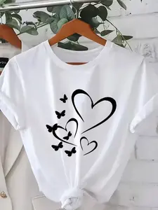 Plus Size - Fashion Plus Size Women'S T-Shirt with Heart and Butterfly Print | Casual Crew Neck, Medium Stretch Fabric, Machine Washable