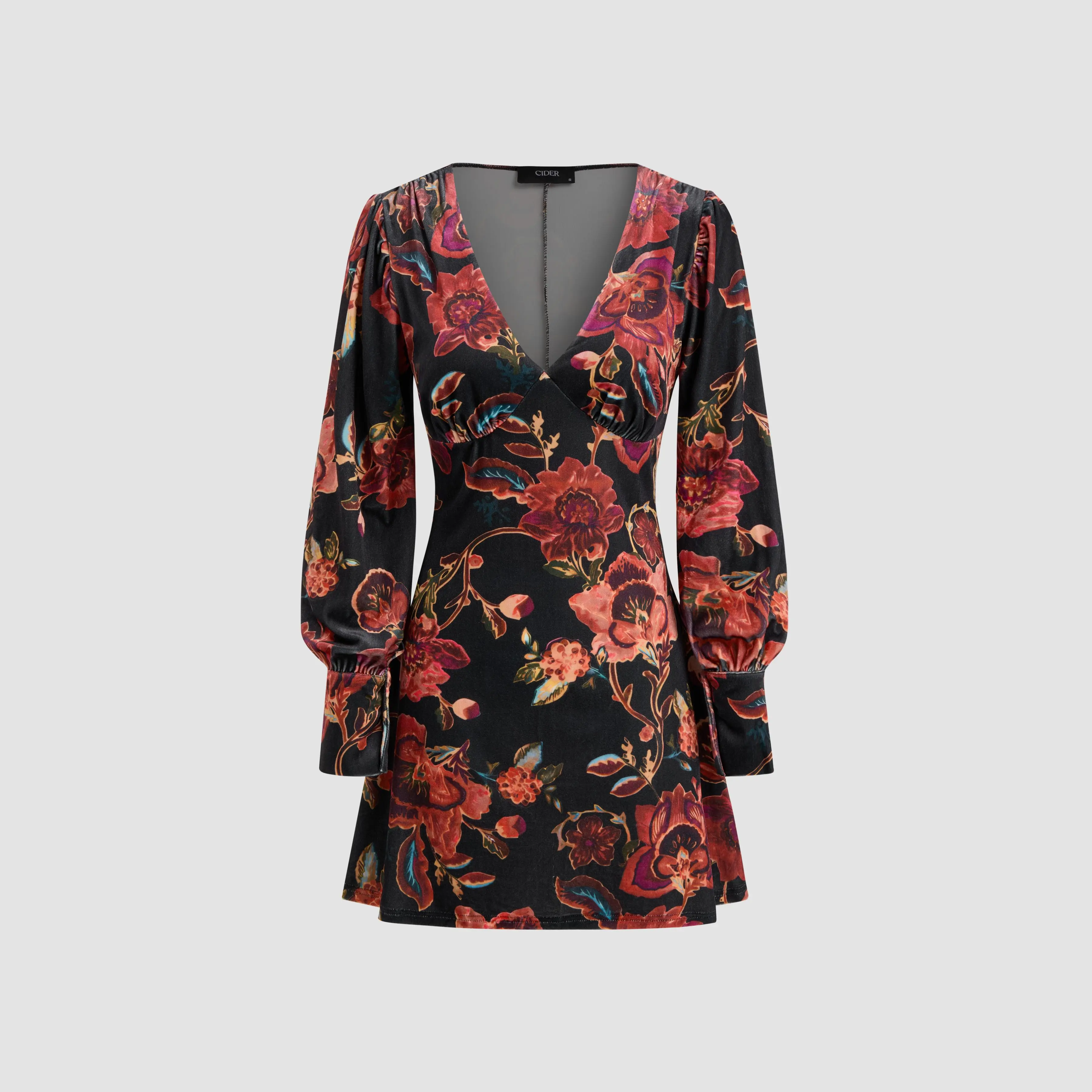 Cider Women's Floral Velvet V-Neck Mini Dress, Long Sleeve Bodycon Style for Evening Parties and Date Night, Chic, Elegant, Velvet Fabric