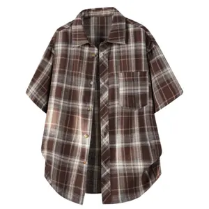 New Summer Maillard Retro Plaid Short-Sleeve Shirt — Unisex Loose Drop-Shoulder Fit, American Streetwear Brand Style, Japanese Casual Laid-Back Vibe, Lightweight Breathable Fabric, Wrinkle-Resistant, No Iron Needed; Versatile for Students and Couples, Gre