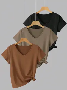 3 Piece Set Women's V Neck Feminine Basic Solid Color Short Sleeve T-Shirts, Comfortable and Loose Casual Style Tops for Spring & Summer Wear Womenswear