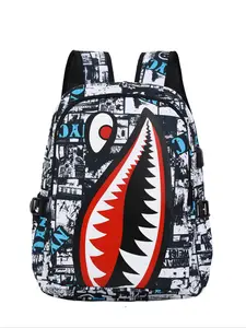 Men's Shark Pattern Printed Backpack, Large Capacity Lightweight Minimalist Style, Suitable for High School and College Students