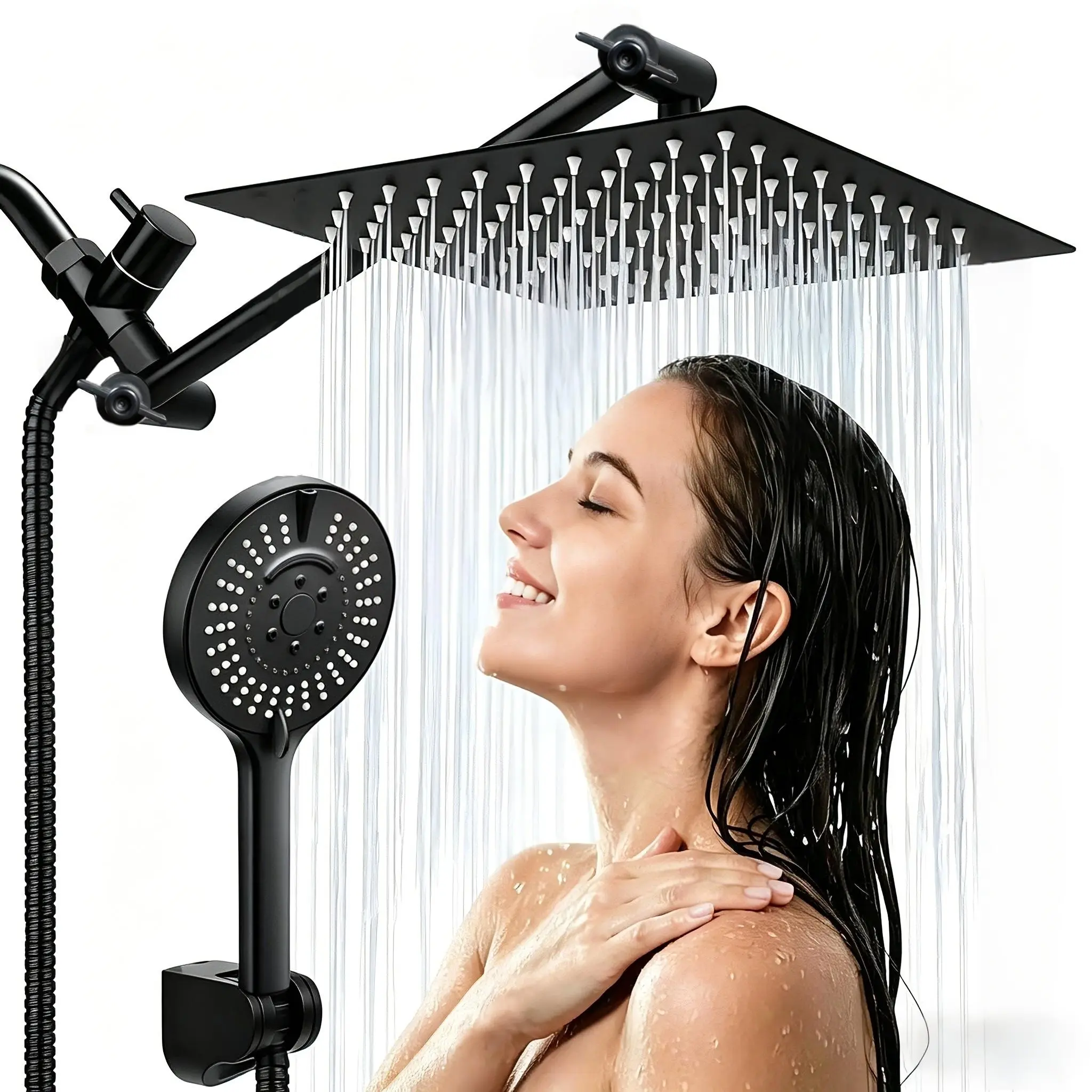 Shower Head 7'' Rainfall Stainless Steel 2-in-1 Hand Shower.Equipped with 3 Way Diverter Valve  Settings Handheld Shower Combo with Shower Holder and  Explosion-Proof Hose Black and Polished Chrome tandem showerhead system