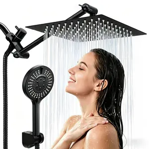 Shower Head 7'' Rainfall Stainless Steel 2-in-1 Hand Shower.Equipped with 3 Way Diverter Valve  Settings Handheld Shower Combo with Shower Holder and  Explosion-Proof Hose Black and Polished Chrome