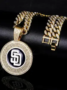 Alloy diamond-encrusted MLB baseball team pendant necklace, hip-hop style, full diamond Cuban chain