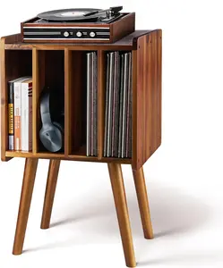 Wooden LP Record Player Stand with 4 Cabinets 13 x 16 x 26 inches Holds up to 100 Vinyls, Metal Record Storage Holder and Organizer Table, Classical Design for Files/Book (Mid-Century Modern)