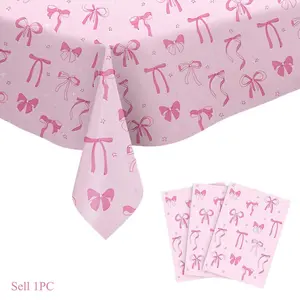 1pc Pink Bow Pattern Tablecloth, PE Material Tablecloth, Water Proof, Pink Birthday Decor, Wedding Supplies, Bow Birthday Decor, Bridal Shower Favor, Pink Bow Birthday Party Supplies, Birthday Party Decor, Pink Bow Decor, Table Decorations