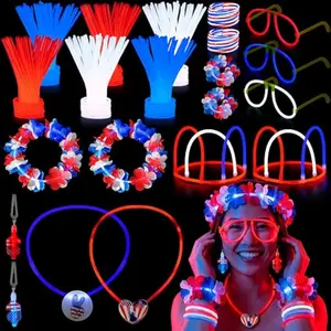 July 4th Glow Stick Accessories Set, Patriotic Red White Blue Light Up Headbands, Glasses, Earrings, Bracelets Necklaces, Glow in the Dark Party Favors for Independence Day, Parade & Celebration