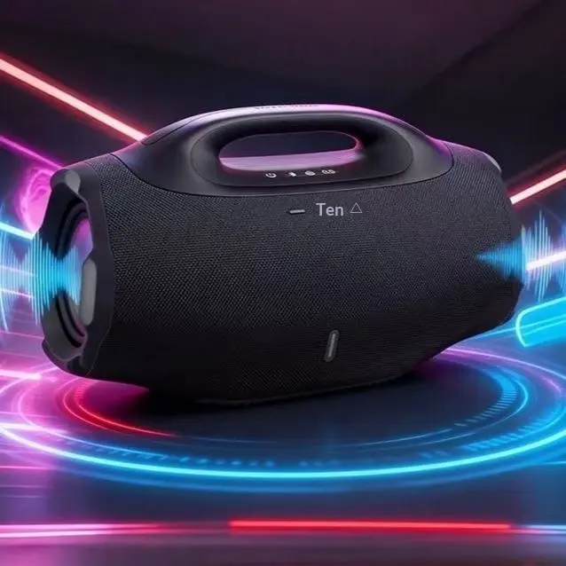 Compact Black Wireless Bluetooth 5.4 Outdoor Stereo Box Speaker with Recessed Infras, TWS, FM Radio, USB/MicroSD, 8-Hour Playtime, Audio Playback Capability Hatch