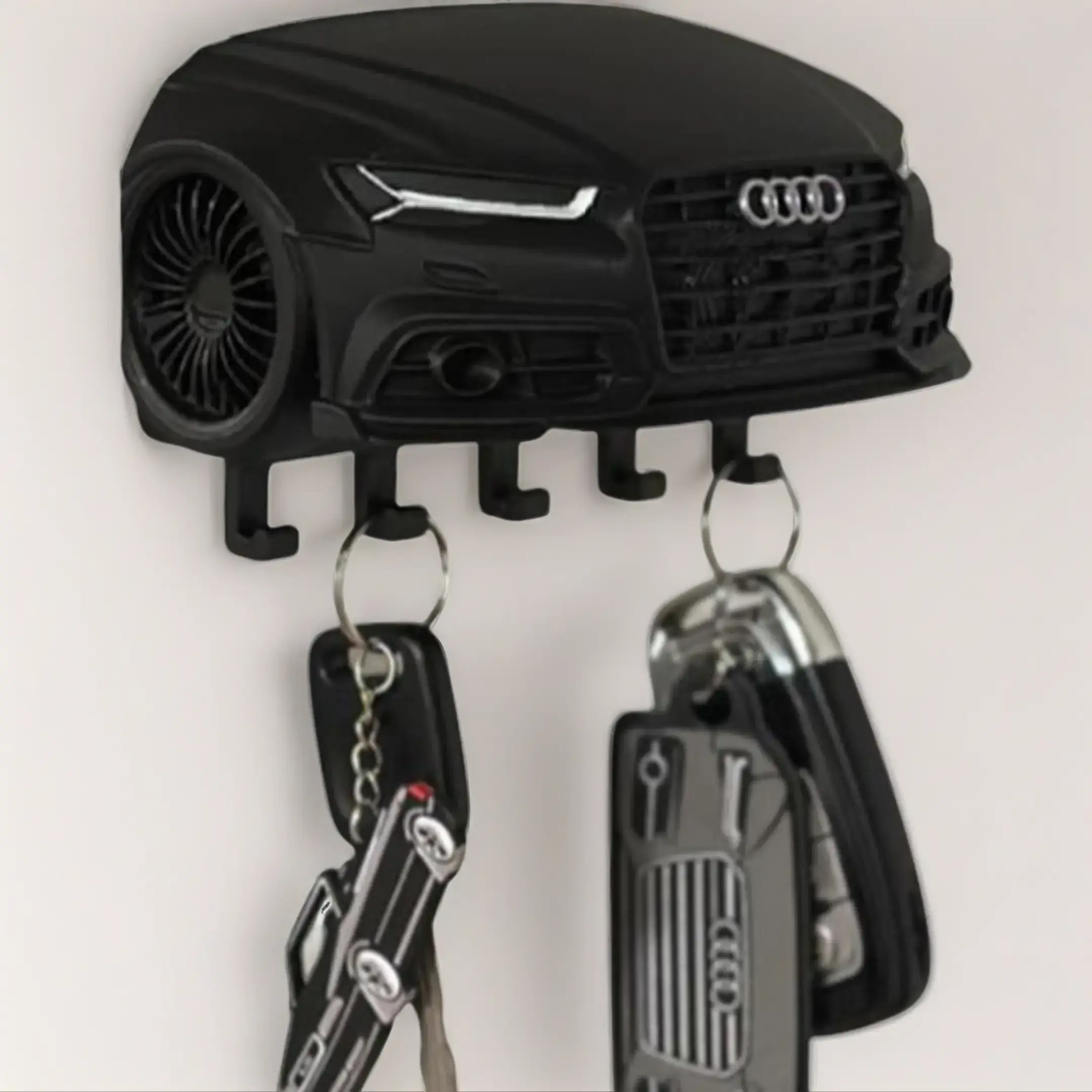 Audi Car Theme 3D Printed Plastic 5-Hook Key Holder - Matte Black Decorative Hooks, Garage Hanging Accessories, Wall-Mounted Home Organiser Decor