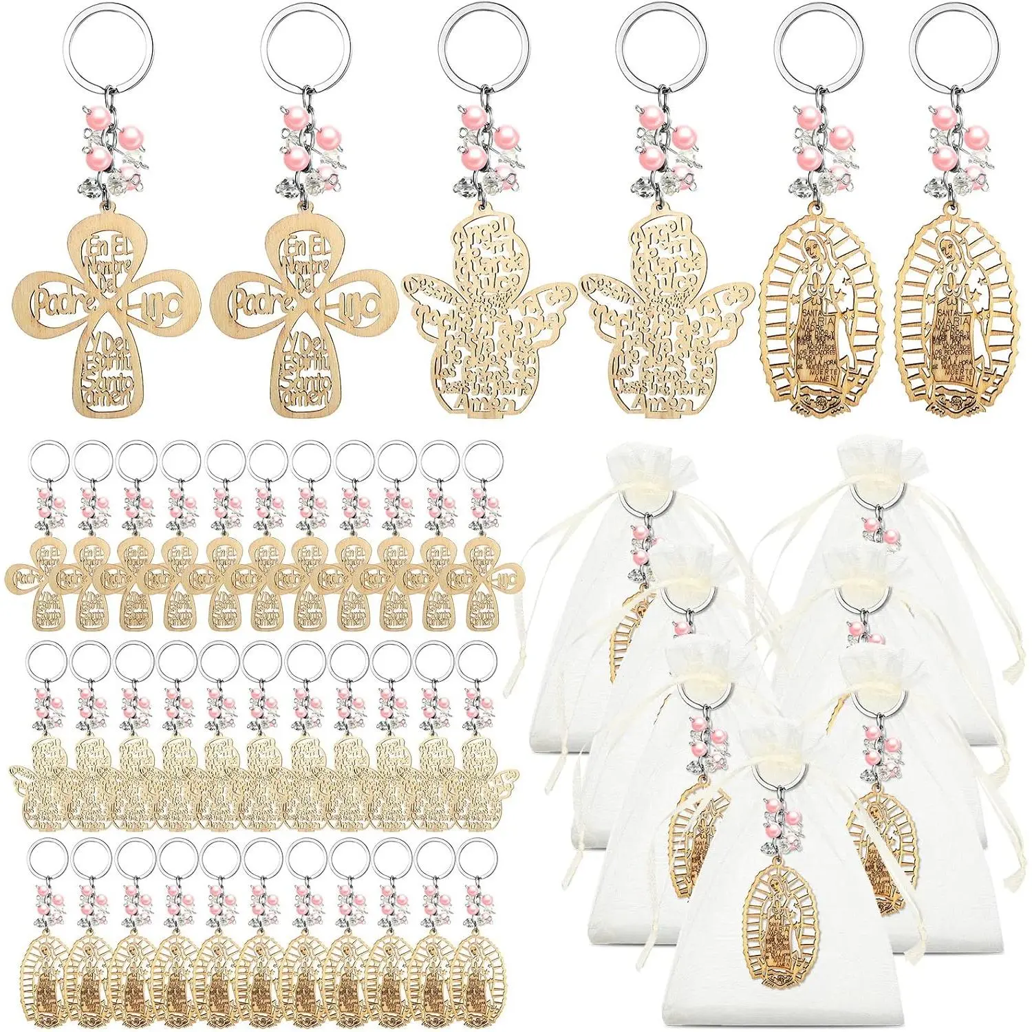 Women's 30-Piece Natural Wood Sacred Cross Keychain Bundle Set - 7.28x4.72x3.54in Keychain Accessories with Pink Pearls, Organza Bags, Angel & Cross Motifs, Lightweight to Carry Christening Gifts