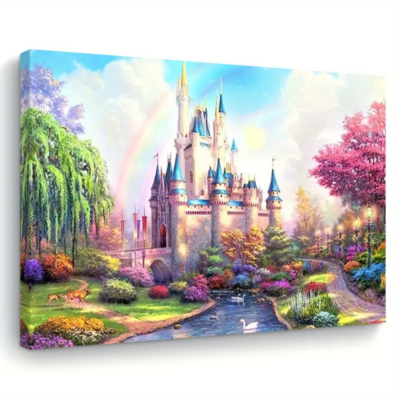 A Fairy Tale Castle Canvas Wall Art, Rainbow Magic Castle Landscape Print on Lake, Suitable for Home Office Decoration, Perfect for Bachelorette Party, High-Quality Material