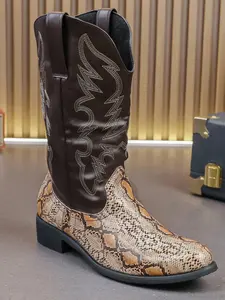 Men's Fashionable Snakeskin Print Embroidering Design Boots, Punk Style Cowboy Boots for Daily Wear, Western Embroidered Boots, Fashion Vintage Shoes for Party, Daily Clothing Decor Footwear