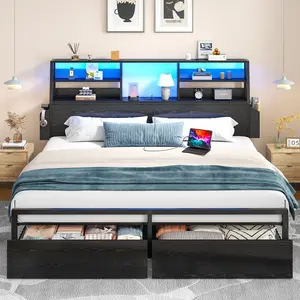Queen Size Bed Frame with 2 Storage Drawers Wheels & Bookcase Pockets on Headboard, Platform LED Bed Frame with Power Outlet, Holds 1100lbs Noise Free Metal Frame Bed for Bedroom Apartment, Black Brown