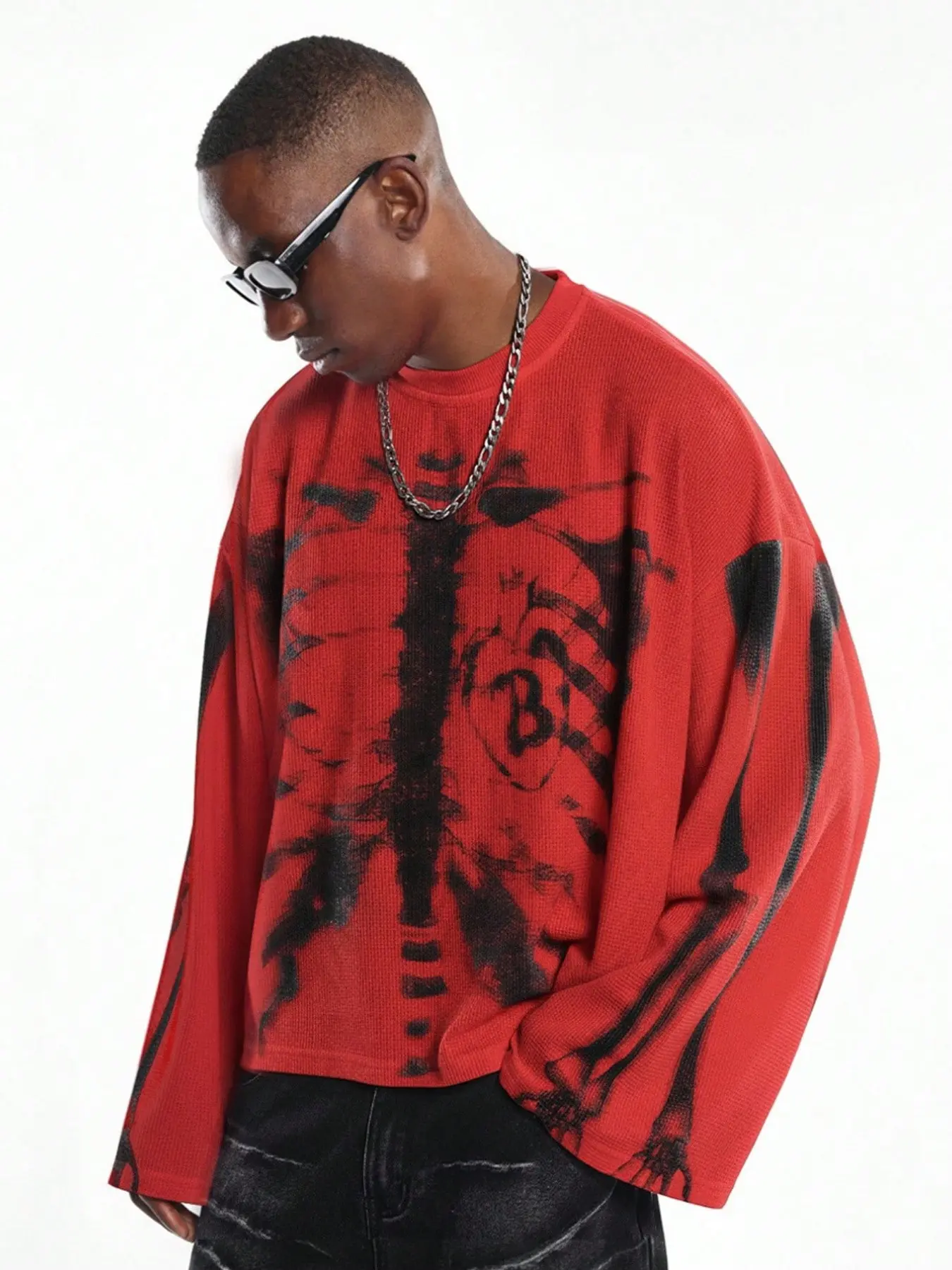 Men's Loose Waffle Graphic Print Long Sleeve T-Shirt, Soft Texture