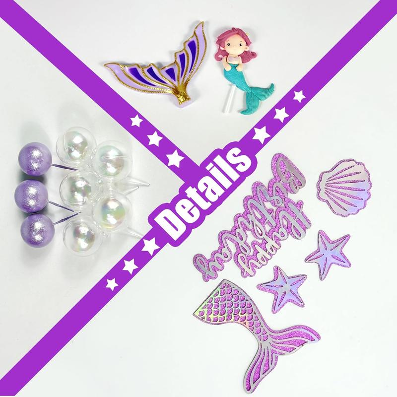 XY-SO25 Mermaid Cake Toppers with 3D Mermaid Shell Starfish Fishtail Balls for Kids Girls Birthday Party Baby Shower Supplies (Style1) Set Ornaments