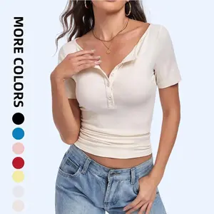 Women's Boat Neck Short Sleeve Henley T Shirts Summer Button Ribbed Slim Fit Tops Casual Basic Tee Blouse 2026