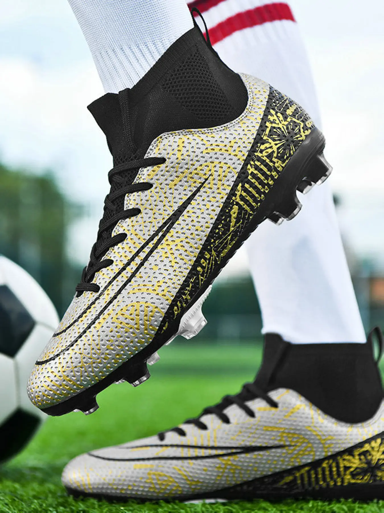 Professional High-Top Football Boots - Breathable Mesh Upper Soccer Cleats, Anti-Skid Studs & Y-Shaped Support For Turf & Training, Ankle Support Sock Collar For Youth & Adult Soccer Matches With Stylish Graffiti Print