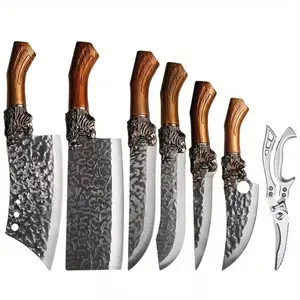 7pcs Professional Kitchen Chef Knife Set, Handmade Forged Stainless Steel Knives with Utility, Boning, Cutting, Fish & Butcher Knives, Kitchen Scissors, and Ultra-Sharp Bone Scissors