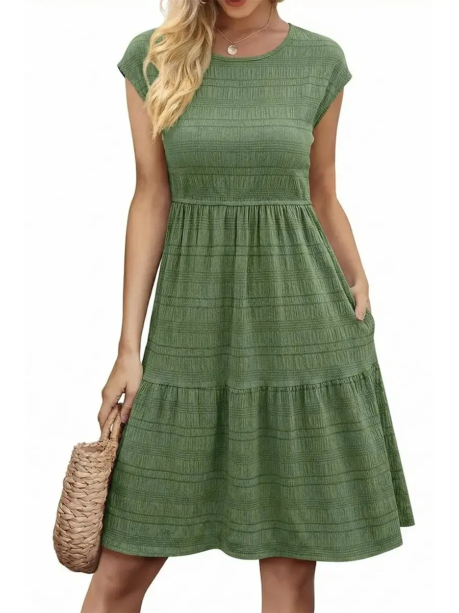 Shewin Women's Round Neck Cap Sleeve Textured Tiered Midi Dress - Minimalist, Body-Friendly Basic Casual Dress with Elastic Waist, Side Pocket, Sundress for Daily Outings, Women's Clothes DealsForYouDays,summeroutfits,vacationoutfits,beachoutfits