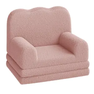 Garvee 2-in-1 Convertible Teddy Fleece Fabric Toddler Sofa Chair and Soft Fold Out Couch Lounger, Comfy Sofa Bed for Playroom, Nursery, and Birthday Gift in Pink