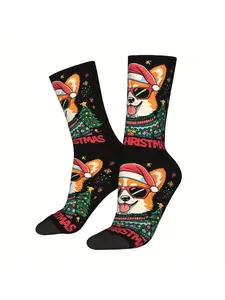 Unisex Funny Christmas Corgi Socks, Dog with Sunglasses & Santa Hat Print, Ugly Sweater Xmas Gift