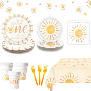 First Trip Around the Sun 1st Birthday Decorations Bohemian Hippie Sunshine Theme Party Tableware Includes Paper Plates Cups Napkins Forks Tablecloth for Baby Shower Party, Serves 24