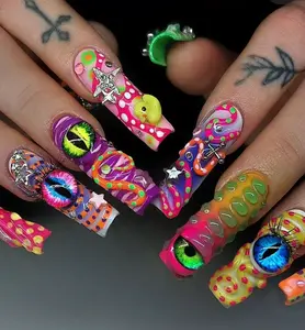️ Extreme 3D monster eye nails with neon slime textures, stars, spikes, and lashes – bold, creepy-cute, and unapologetically over the top!