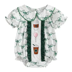 Newborn Baby Girl Summer Outfit Bow Short Puff Sleeve Smocked Bubble Romper Doll Collar Bodysuit Jumpsuit #Springtok