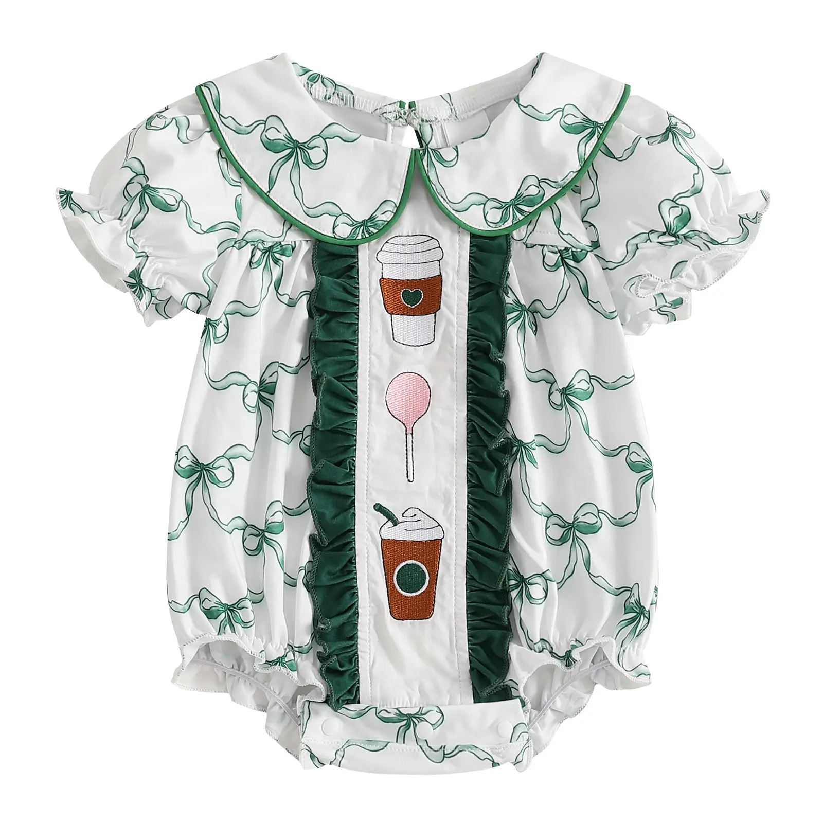 Newborn Baby Girl Summer Outfit Bow Short Puff Sleeve Smocked Bubble Romper Doll Collar Bodysuit Jumpsuit #Springtok