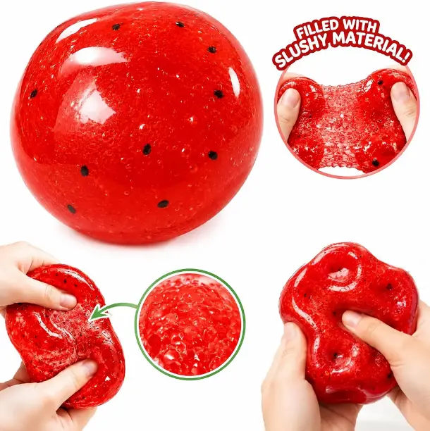 Watermelon Slush Fidget Squishy Ball, Realistic Crunchy Slush Filled Stress Relief Toy, Soft Stretchy Squeeze Sensory Toy for Adults Kids Summer Cooling Desk Fidget Gift