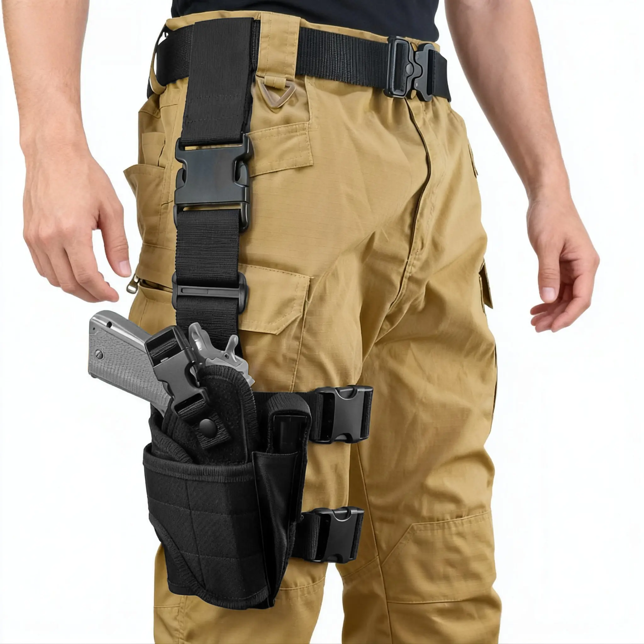 Universal Drop Leg Gun Holster - Optic Ready, Adjustable, Quick-Release Snap Holster for Handguns with Mounted Laser or Light