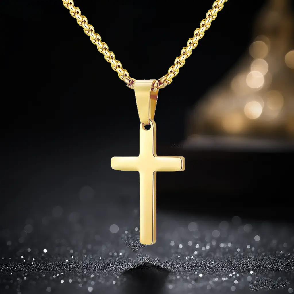 Stainless Steel Cross Necklace for Men, Plain Smooth Plain Crucifix Pendant with 23 Inch Box Chain, Gold Silver Christian Jewelry Gift