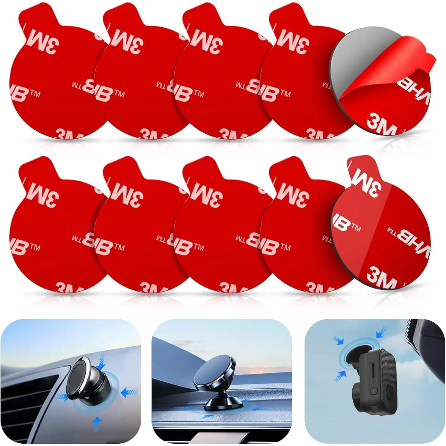 10 Pcs 3M VHB Foam Double-Sided Peel & Stick Adhesive Pads (1in/25mm), Heavy-Duty High Temperature Resistant Round Discs for Car Magnetic Phone Holders & Cameras, Windscreen Fit, 5 Dashboard Auxiliary Stickers, Strong Bond Residue-Free Removal