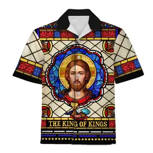 Crucifixion of Christ Stained Glass Hawaiian Shirt, The King of Kings Cathedral Art Aloha Button Down Shirt, Christian Faith Aloha Shirt for Adults and Youth