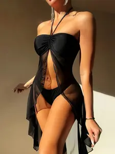 Three-Piece Set Women's Solid Color Bikini Set, Chic Casual Swimsuit Set, Including Swim Bra & Swim Panty & Sheer Cover Up Skirt, Ladies Swimwear for Beach Holiday Vacation, Bikini Swimsuits
