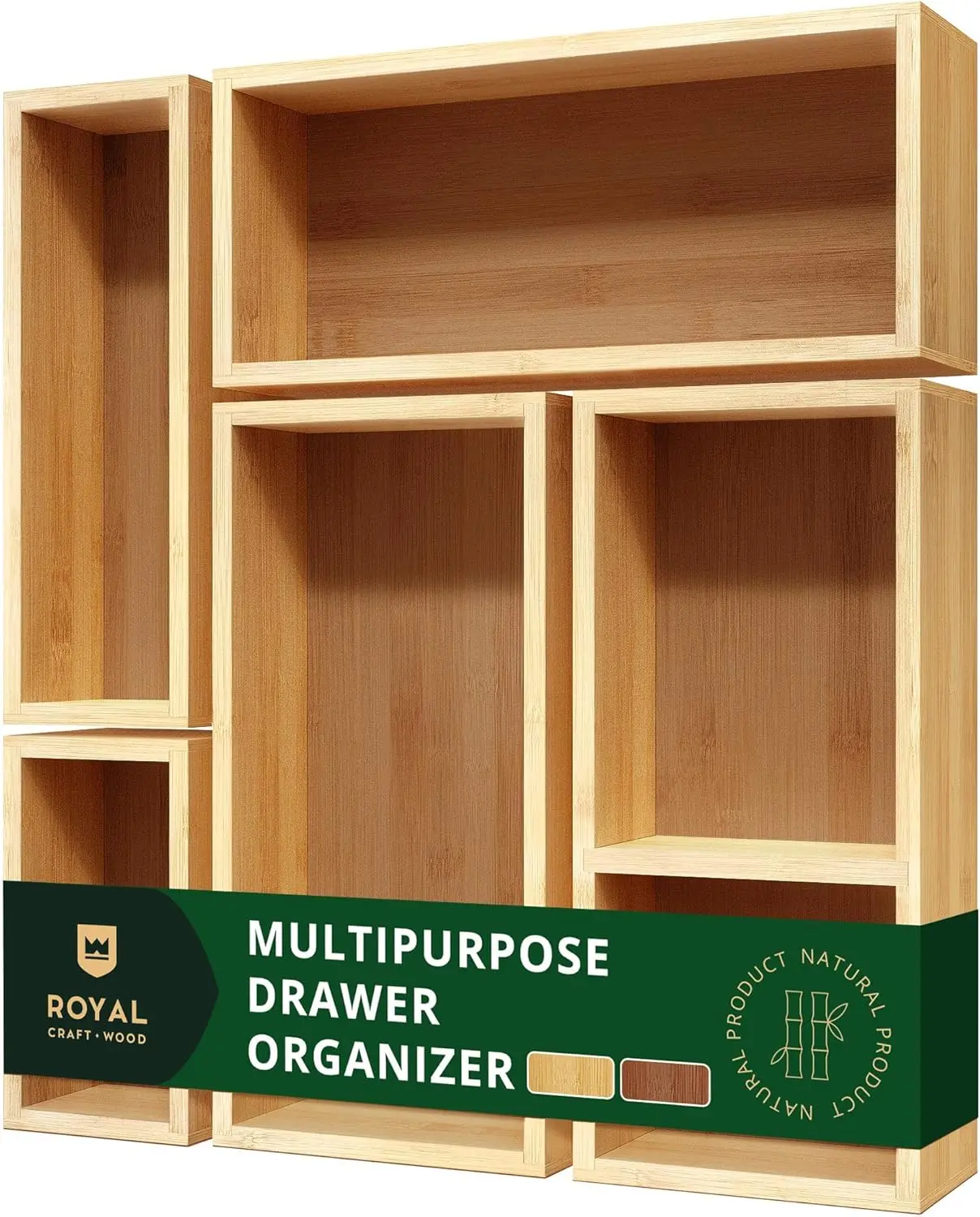 5-Piece Bamboo Drawer Organizer Set – Multi-Use Storage Trays for Kitchen, Bathroom, Office, Makeup & Jewelry Wooden