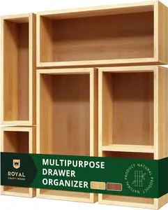 5-Piece Bamboo Drawer Organizer Set – Multi-Use Storage Trays for Kitchen, Bathroom, Office, Makeup & Jewelry Wooden