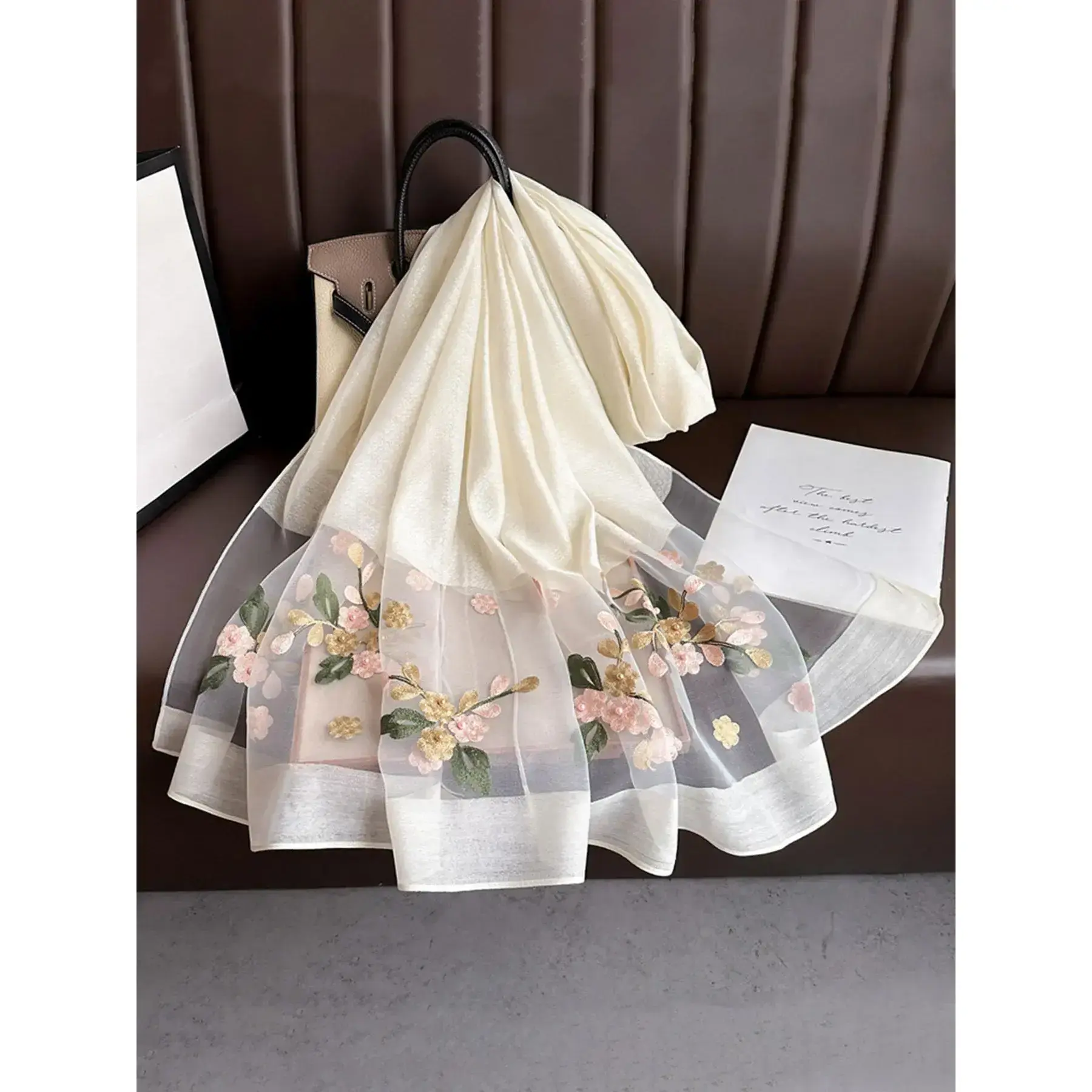 Elegant Floral Embroidered Silk Scarf for Women, Boho Style Scarf, Stylish Sun Protection Beach Shawl with Beads, Bohemian Windproof Must-Have Elegant Floral Embroidered Silk Scarf for Women, Boho Style Scarf, Stylish Sun Protection Beach Shawl with Beads, Bohemian Windproof Must-Have