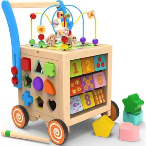 9-in-1 Wooden Activity Cube Wooden Baby Walker Sit-to-Stand Learning Walker Activity Center Early Educational Push & Pull Toys for Baby Toddler Boys Girls Height & Brake Adjustable