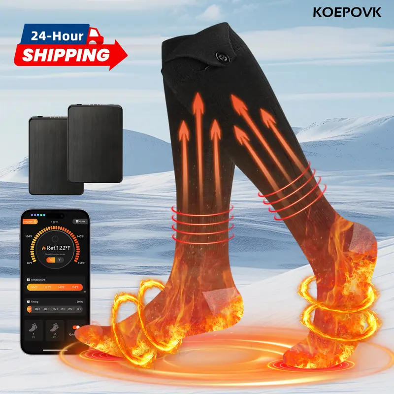 KOEPOVK Unisex Heated Socks Set - Two 5000 mAh Batteries, App-Controlled, 4-Speed Temperature Control, Washable, Universal Fit, Winter Thermal, Indoor & Hiking Use, All-Scenario Versatility, Every Age Group, Up to 8H Use