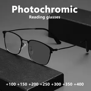 Men's and women's fashionable retro square metal intelligent photosensitive color changing trendy business high-definition reading reading reading reading reading reading reading reading glasses - elegant and artistic simple PC material,+1.0 to+4.0 degree