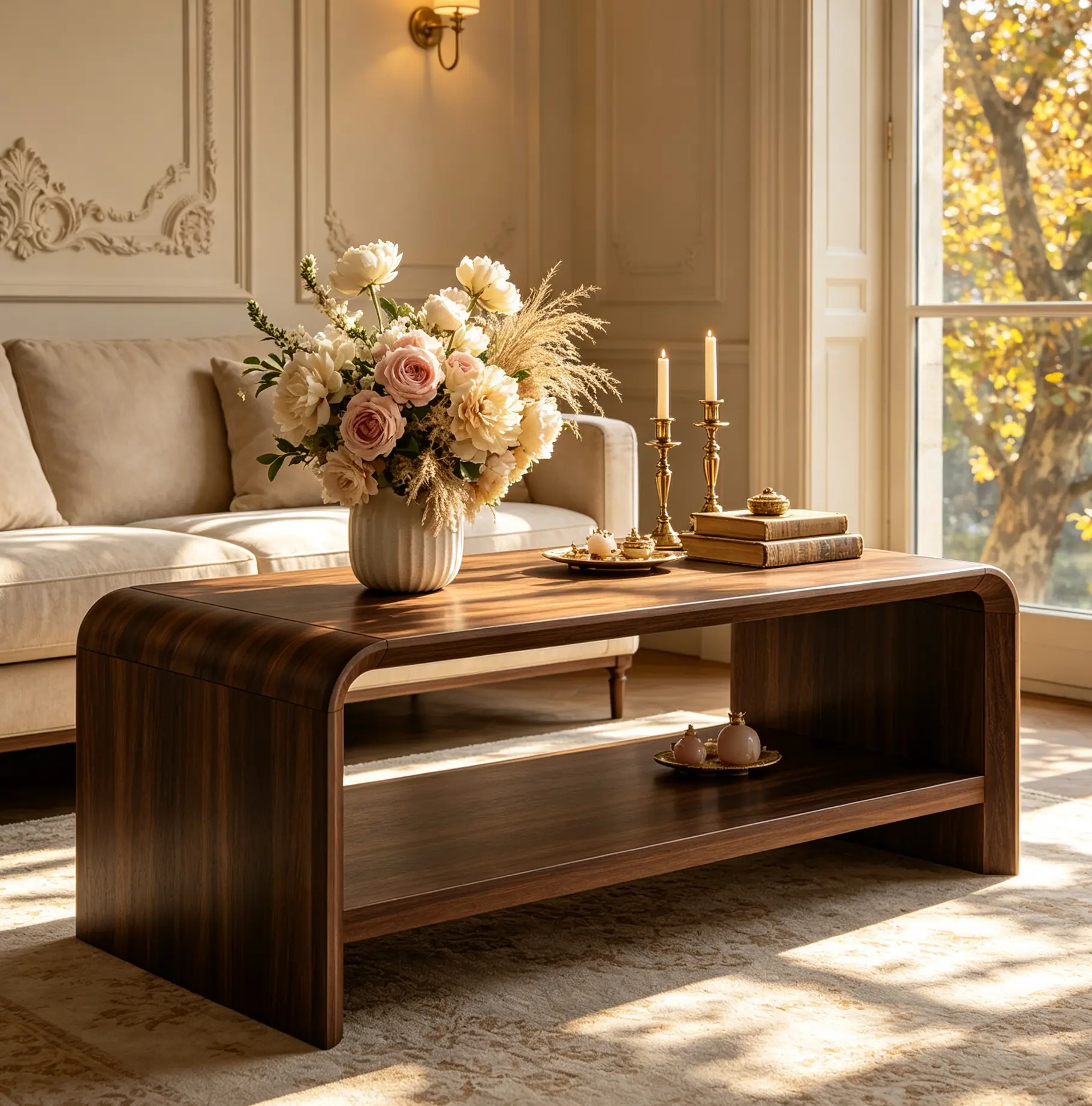 47" Mid Century Modern Walnut Coffee Table, 2-Tier Minimalist Center Table with Storage Shelf, Curved Edge Accent Cocktail Tea Table, Easy Assembly for Living Room Office
