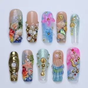 Luxury Summer Press On Nails, Long Square Flower Starfish seashell and seahorse Nail Set Nails, Cute Nails, Funny/ Party ocean  Summer Nails, Gift For Holiday