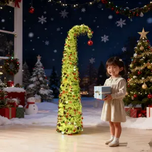 1 Set 6ft/5ft Green Folding Telescopic Wire Christmas Tree with Twisted Trunk, Round Plate, and Tassels - Perfect for Holiday Decoration, New Year Gift (Not Included)