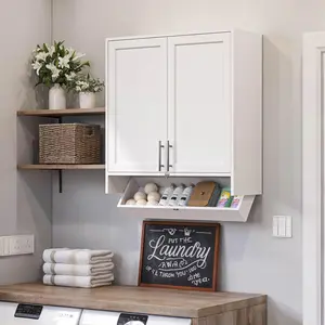 White Shaker Wall Cabinet with Flip-Bottom Drawer, 29.5''Wx11''Dx31''H Wall-Mounted Storage, for Laundry Room, Kitchen, Bathroom