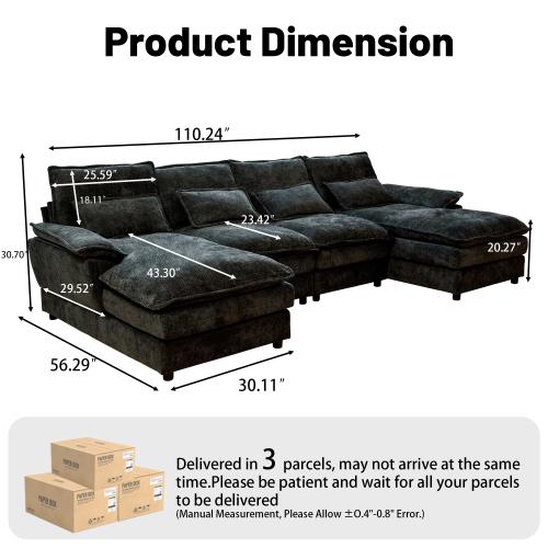 110" Modular Sectional Sofa Cloud Couch with Double Chaise Lounge, U Shaped Chenille Upholstered Leisure Sofa&Couches with Memory Foam and Waist Pillows for Living Room Office