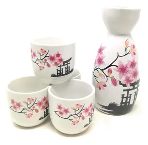 5-Piece Sake Set, Durable Ceramic Japanese Sake Set with 1 Carafe/Decanter/Tokkuri Bottle and 4 Ochoko cups for Hot or Cold Sake at Home or Restaurant - Temple and Flowers