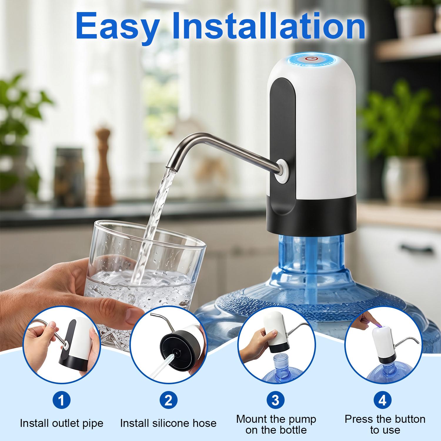 Water Dispenser for 5 Gallon Bottle - Rechargeable Water Pump for 5 Gal Jug, BPA-Free, Food Grade Silicone Hose, Stainless Steel Spout - 30-40 Days Battery Life, Easy One Switch Operation for Kitchen Outdoor Camping Office