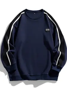 Men's Fall Casual Fitted Sweatshirt, Fashionable Y2K Colorblock Pullover, Spring & Autumn Youth Daily Wear, Plain Pattern Outer Shell Top